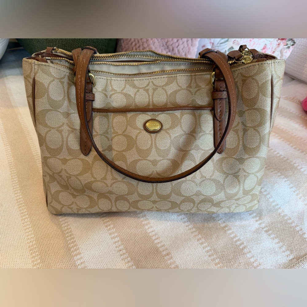 Coach Beige and Brown Signature Shoulder Bag